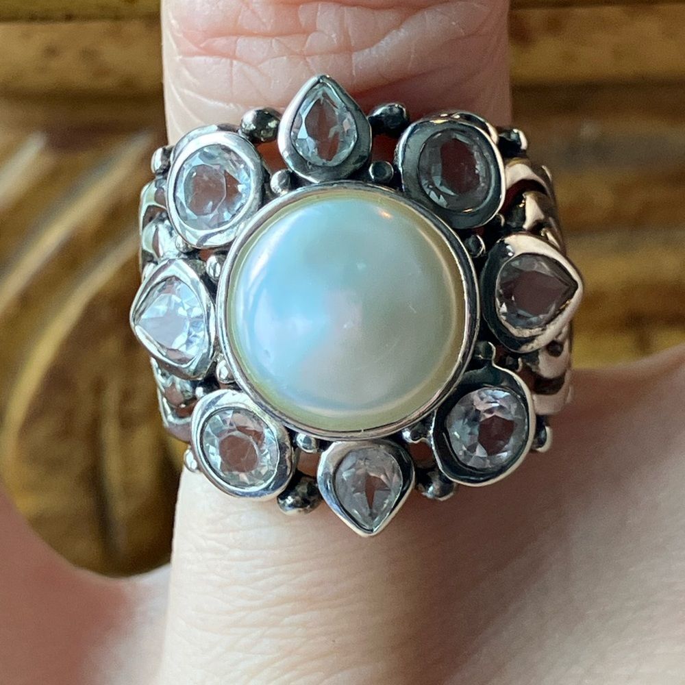 Cultured Pearl White Topaz Sterling Silver Cocktail Ring Size 6